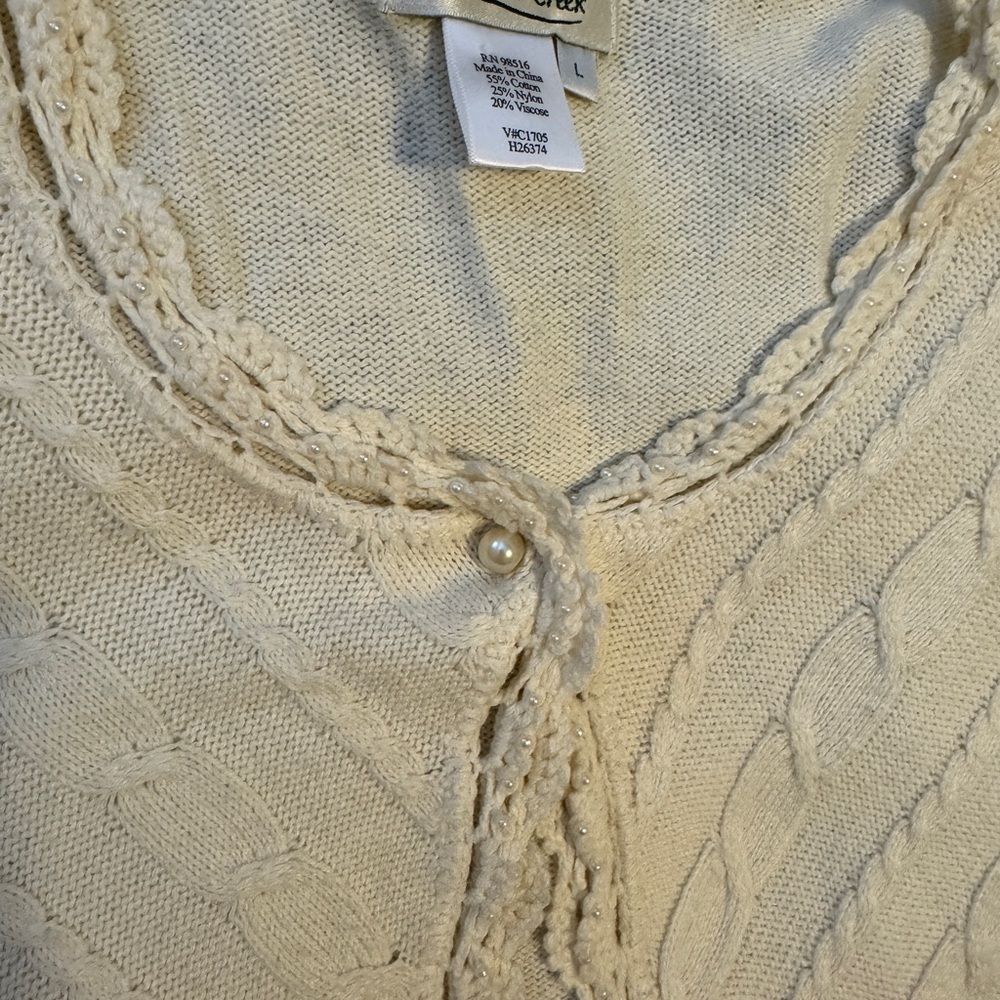 Coldwater Creek Beaded Crochet Trim Cardigan Pearl Button Cable Knit Ivory L - Picture 4 of 12